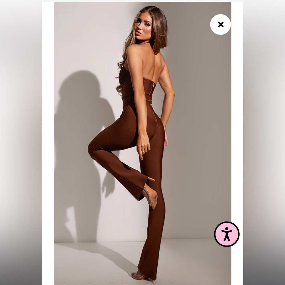 CHOCOLATE BANDAGE MESH HALTERNECK JUMPSUIT - Picture 2 of 5